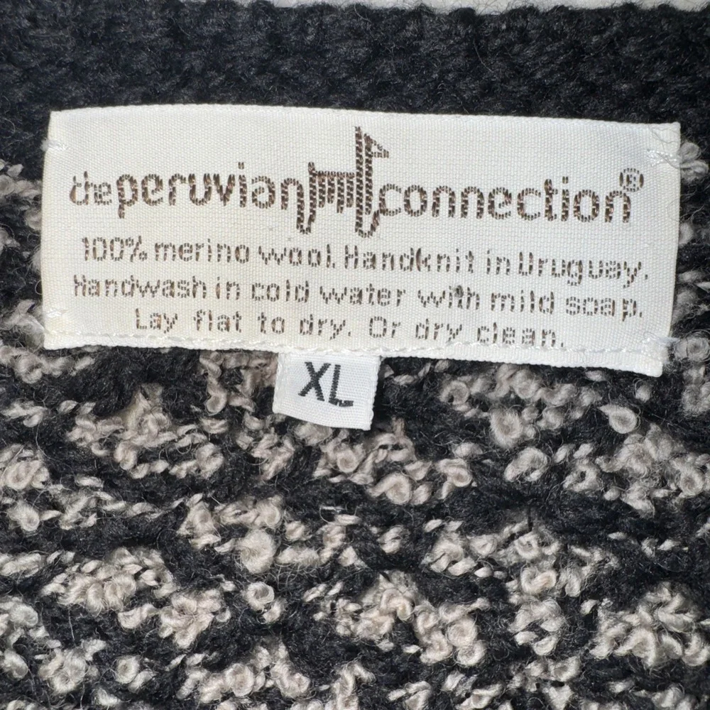 Peruvian Connection Cardigan Women XL Black Grey Merino‎ Wool Handknit Popcorn